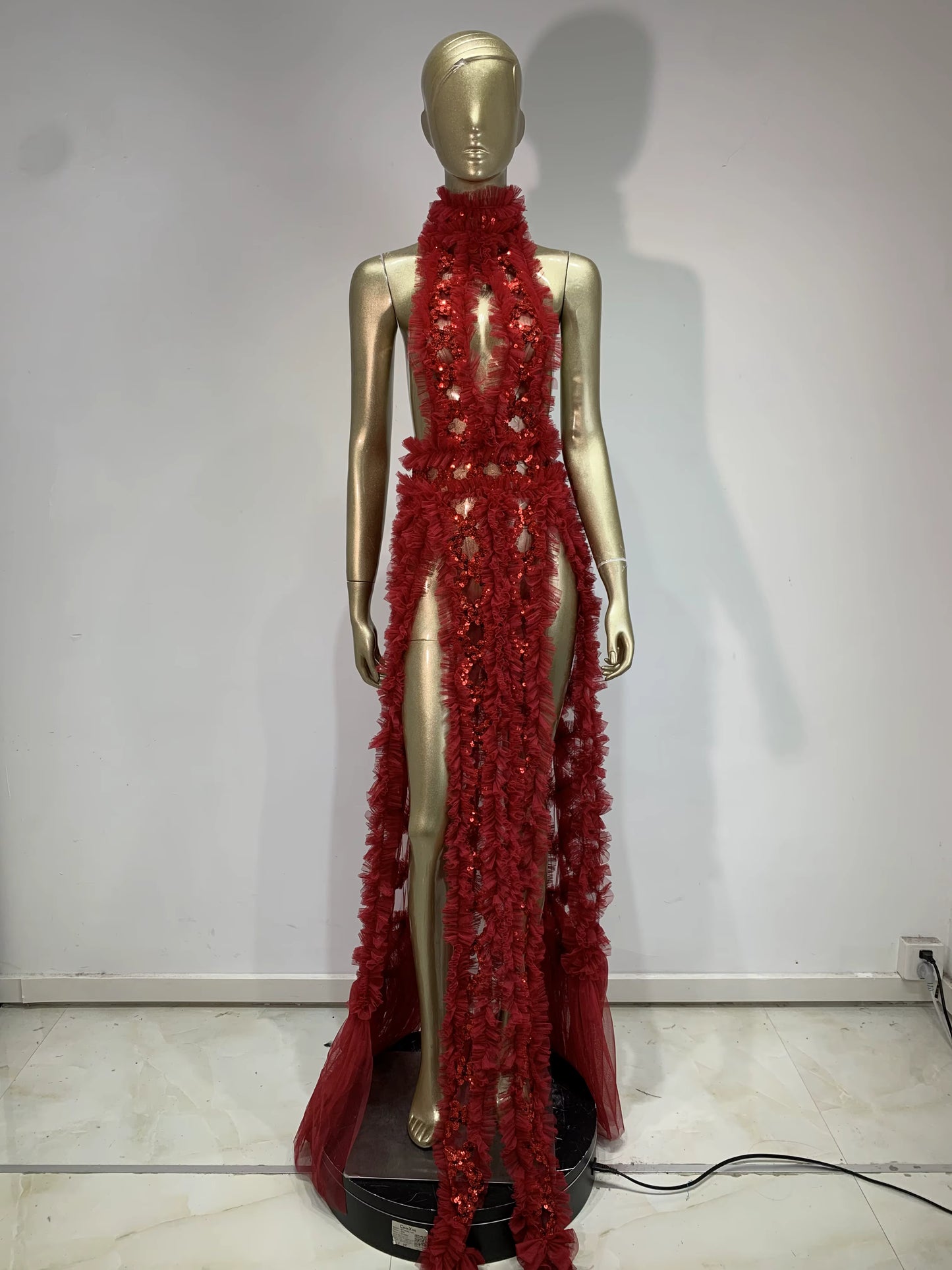 Red Velvet Backless Sequin Dress