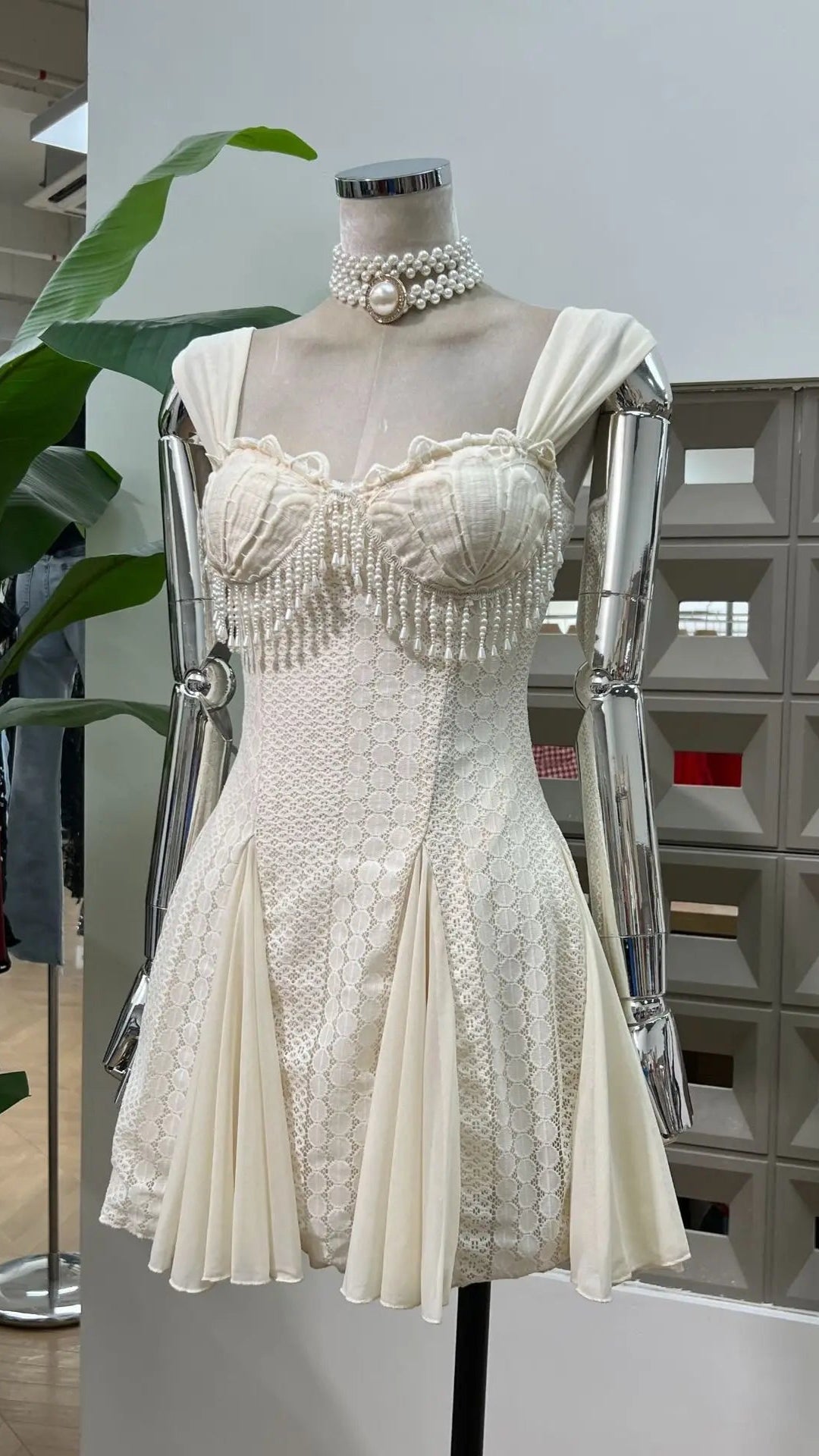Crystal Clear Mini Dress Lace Dress Pearl Fringe