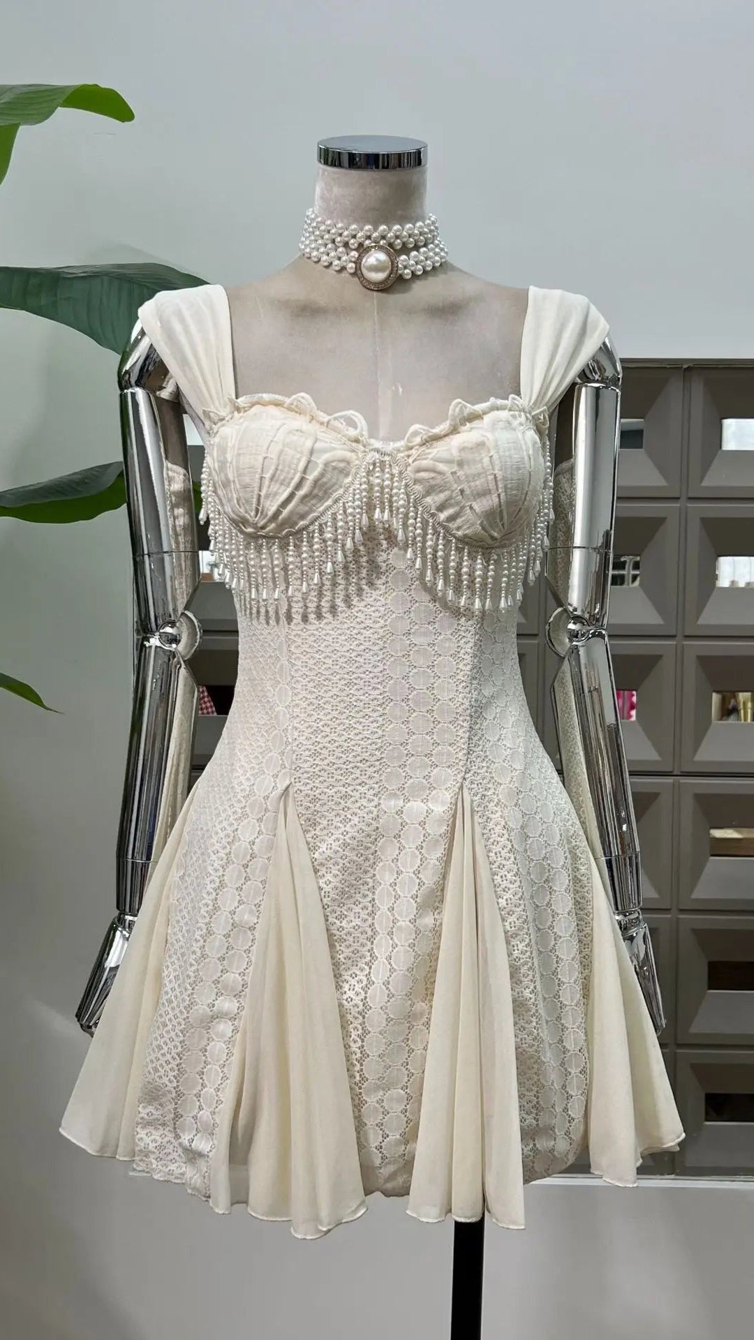 Crystal Clear Mini Dress Lace Dress Pearl Fringe