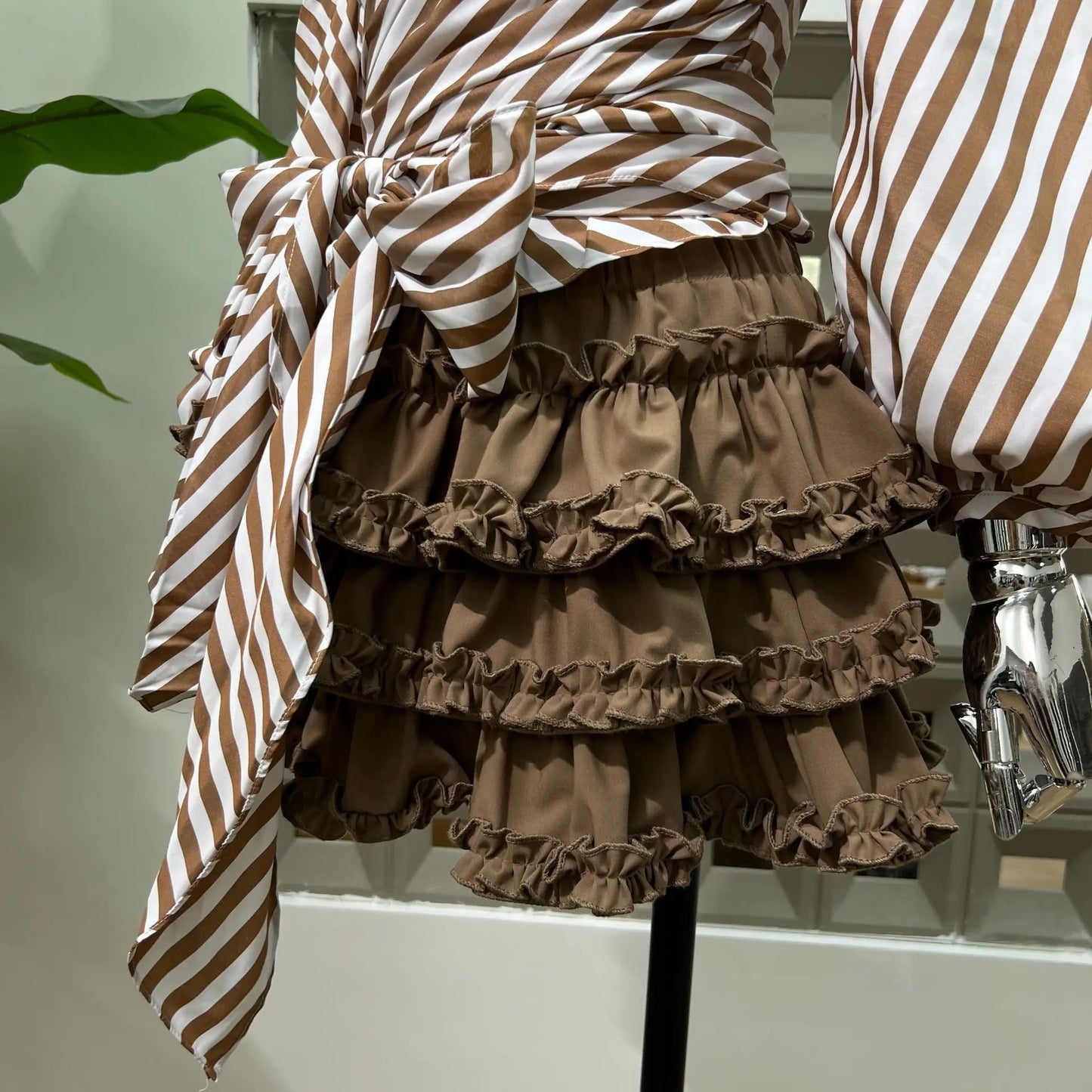 Chic Striped Hybrid Top with Ruffled Skirt (with shorts)