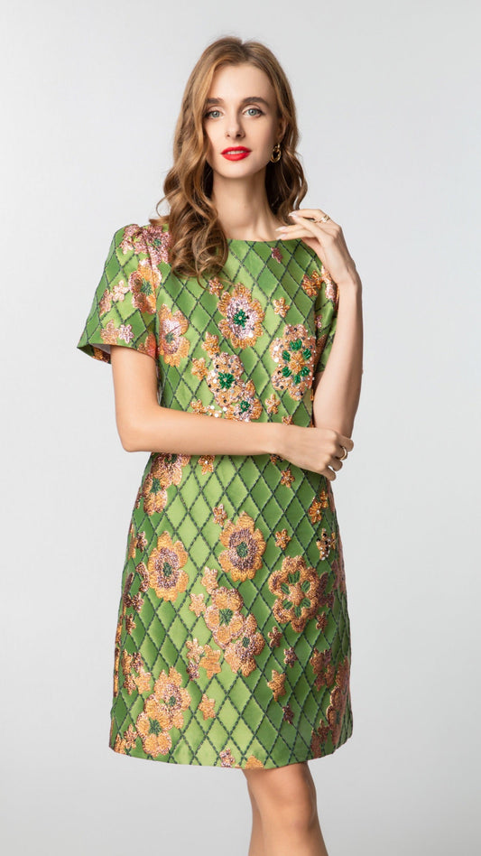 Green Envy Jacquard Embellished / Sequin Mini Dress