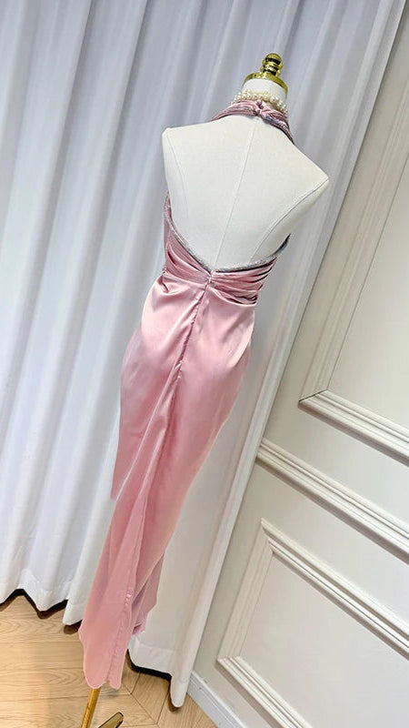 Elegant Blush Pleated Dress with Crystal Belt