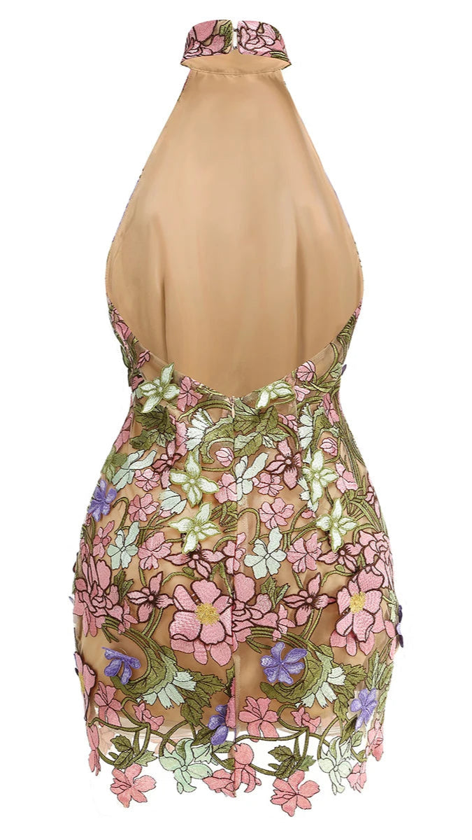 Floral Embroidered Backless Mini Dress