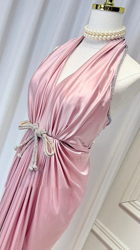 Elegant Blush Pleated Dress with Crystal Belt