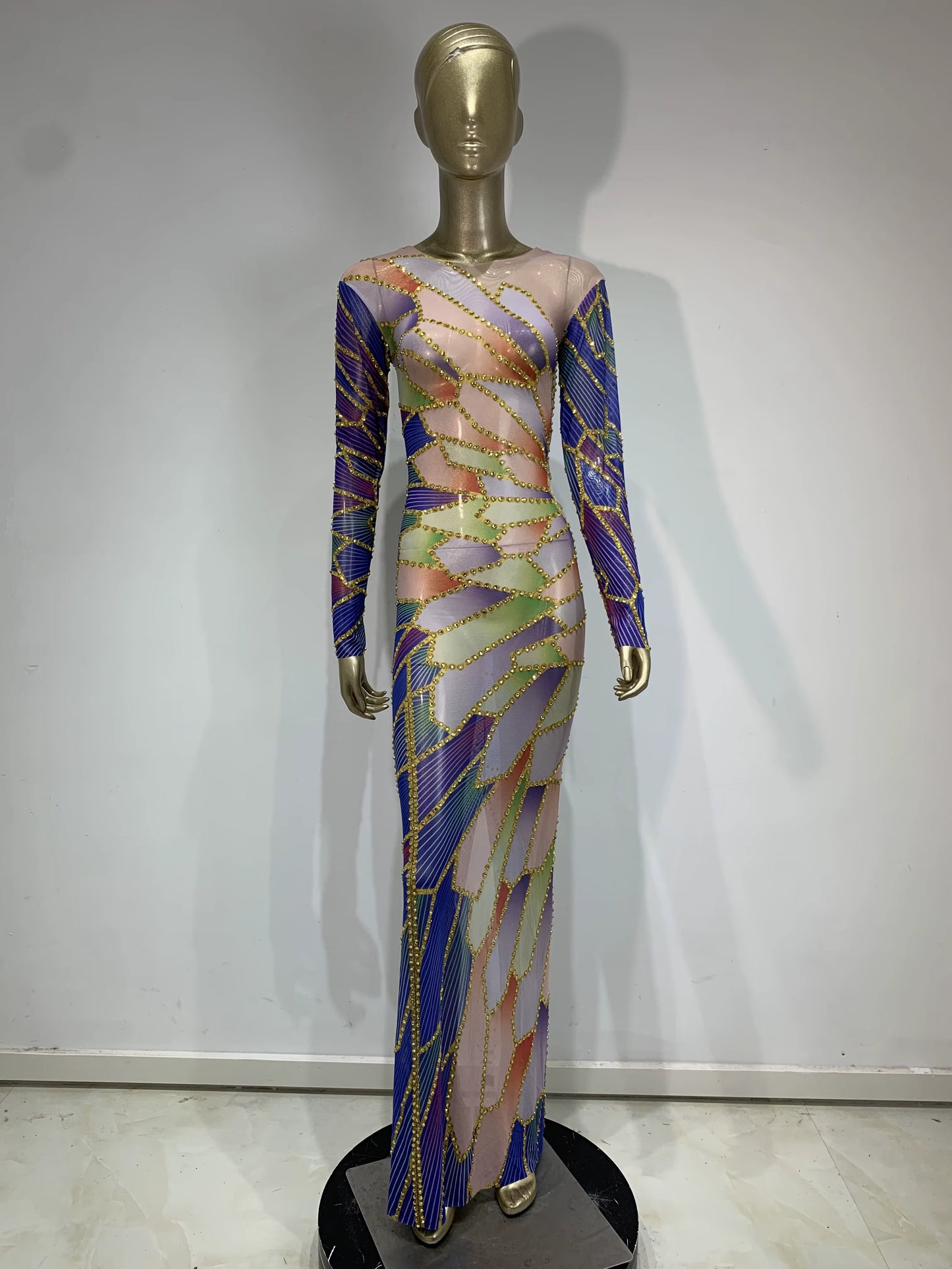 Starlight Express Rhinestones Mesh See Through Maxi Dress