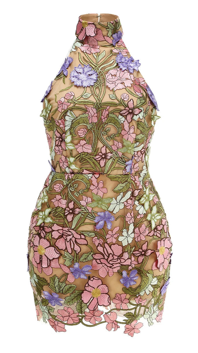 Floral Embroidered Backless Mini Dress