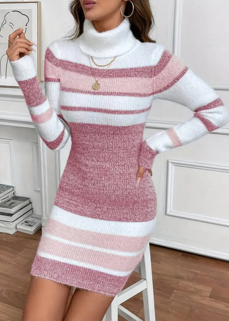 Pink & White Knitted Roll Neck Dress
