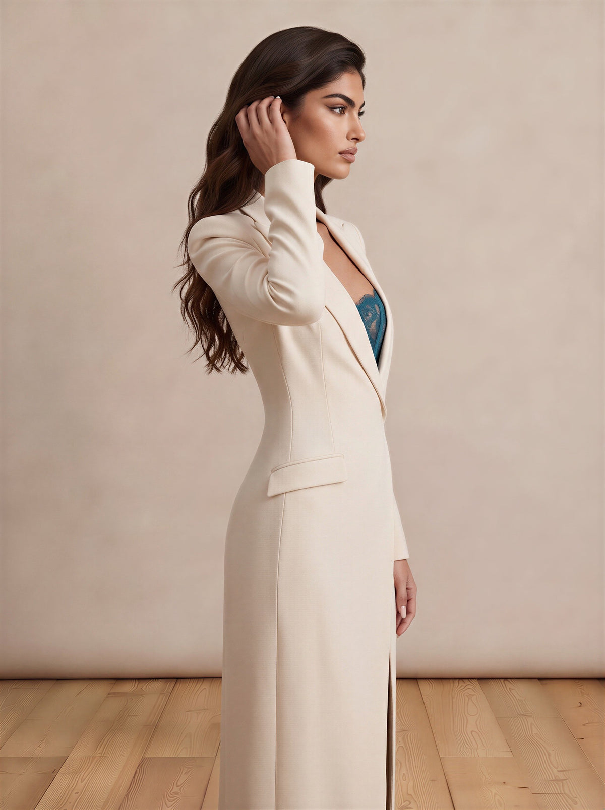 White & Teal Tailored Temptation Maxi Dress with Lace Inserts and Slit