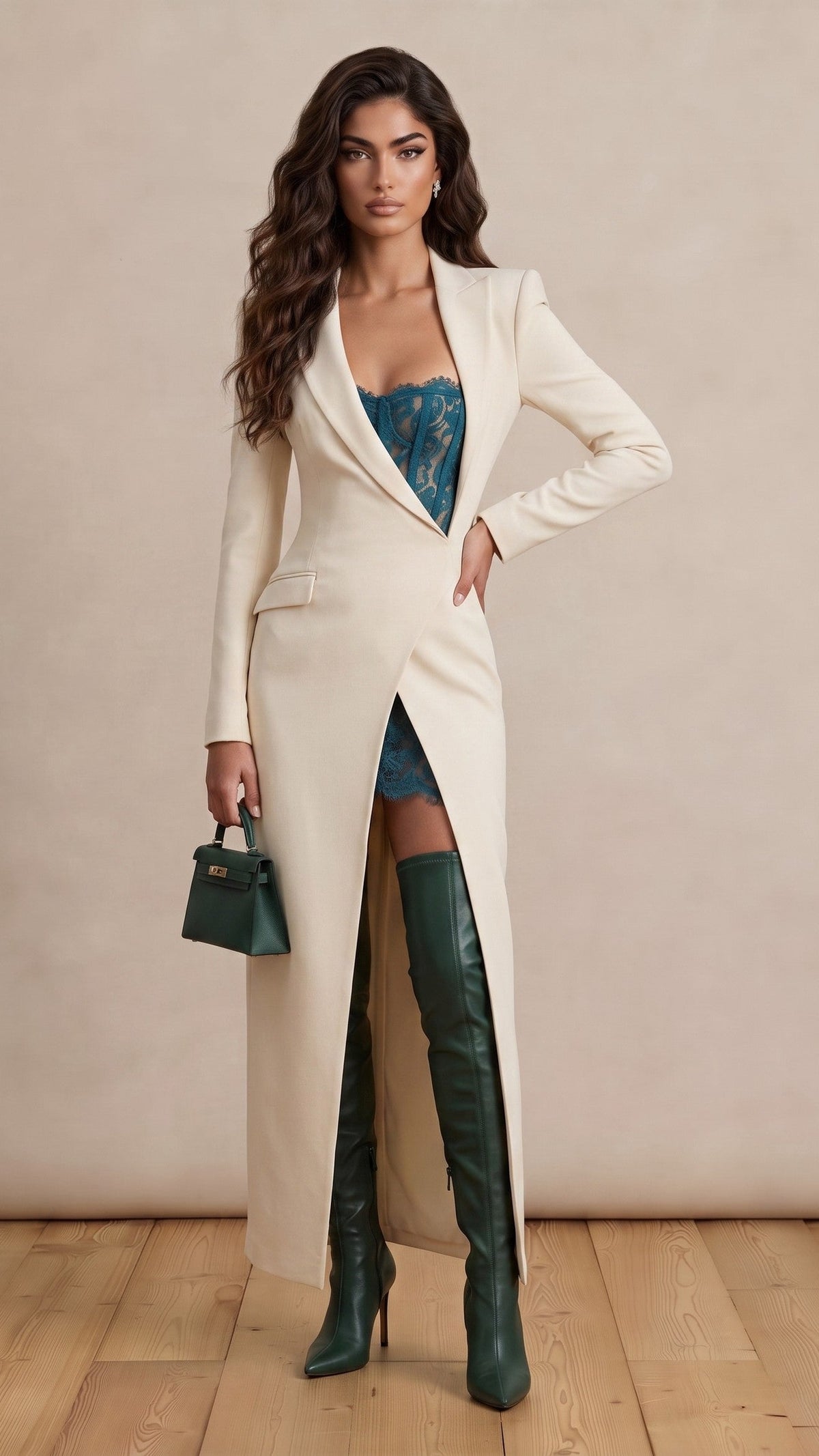 White & Teal Tailored Temptation Maxi Dress with Lace Inserts and Slit