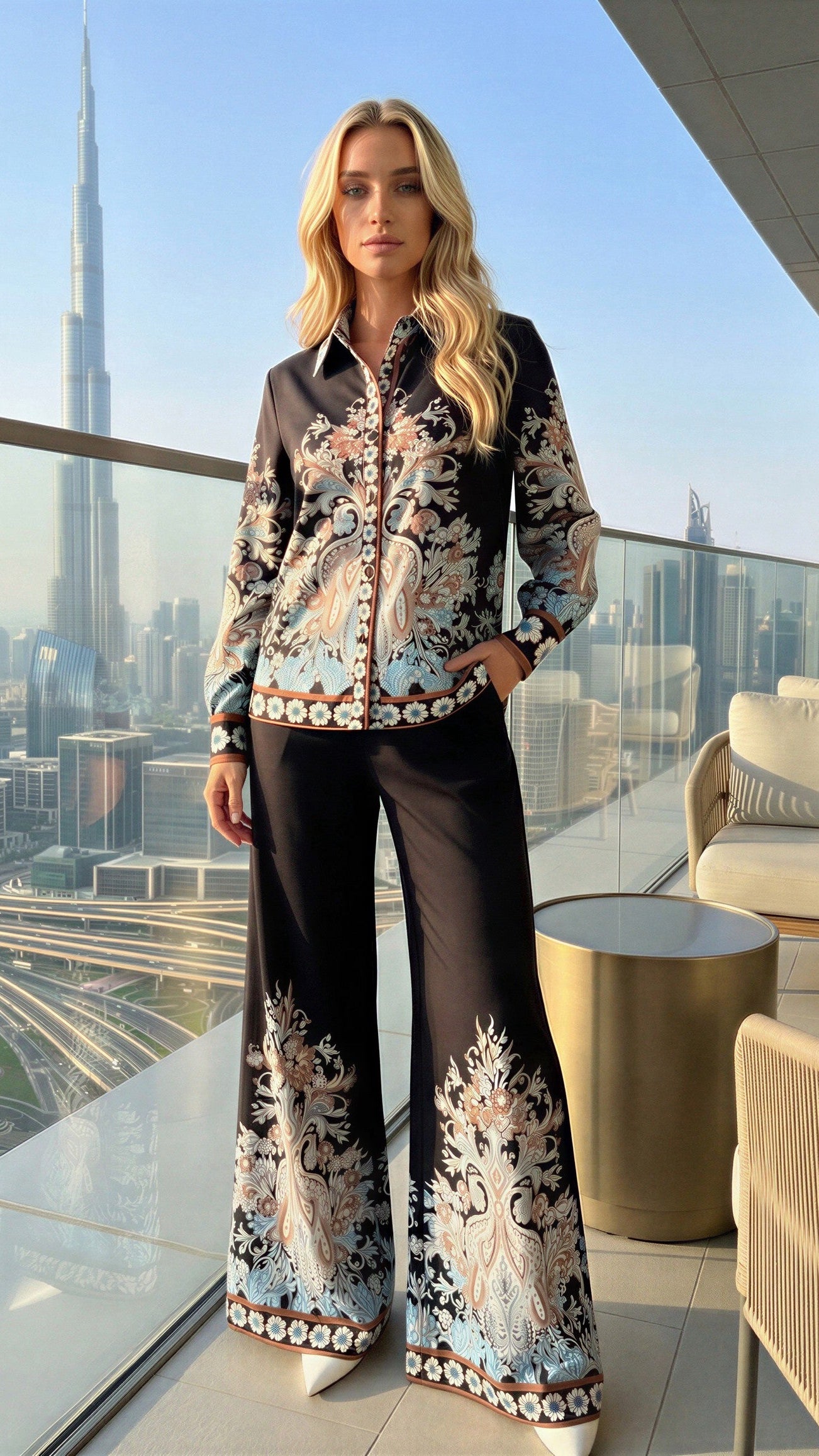 Elegant Black Floral Print Two-Piece Set with Flared Pants