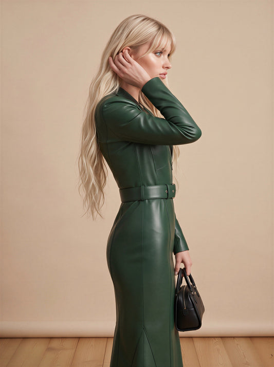 Forest Femme PU Leather MIDI Dress with belt