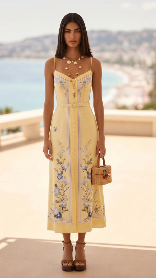 Yellow Dusk Ditsy Floral Midi Dress with belt