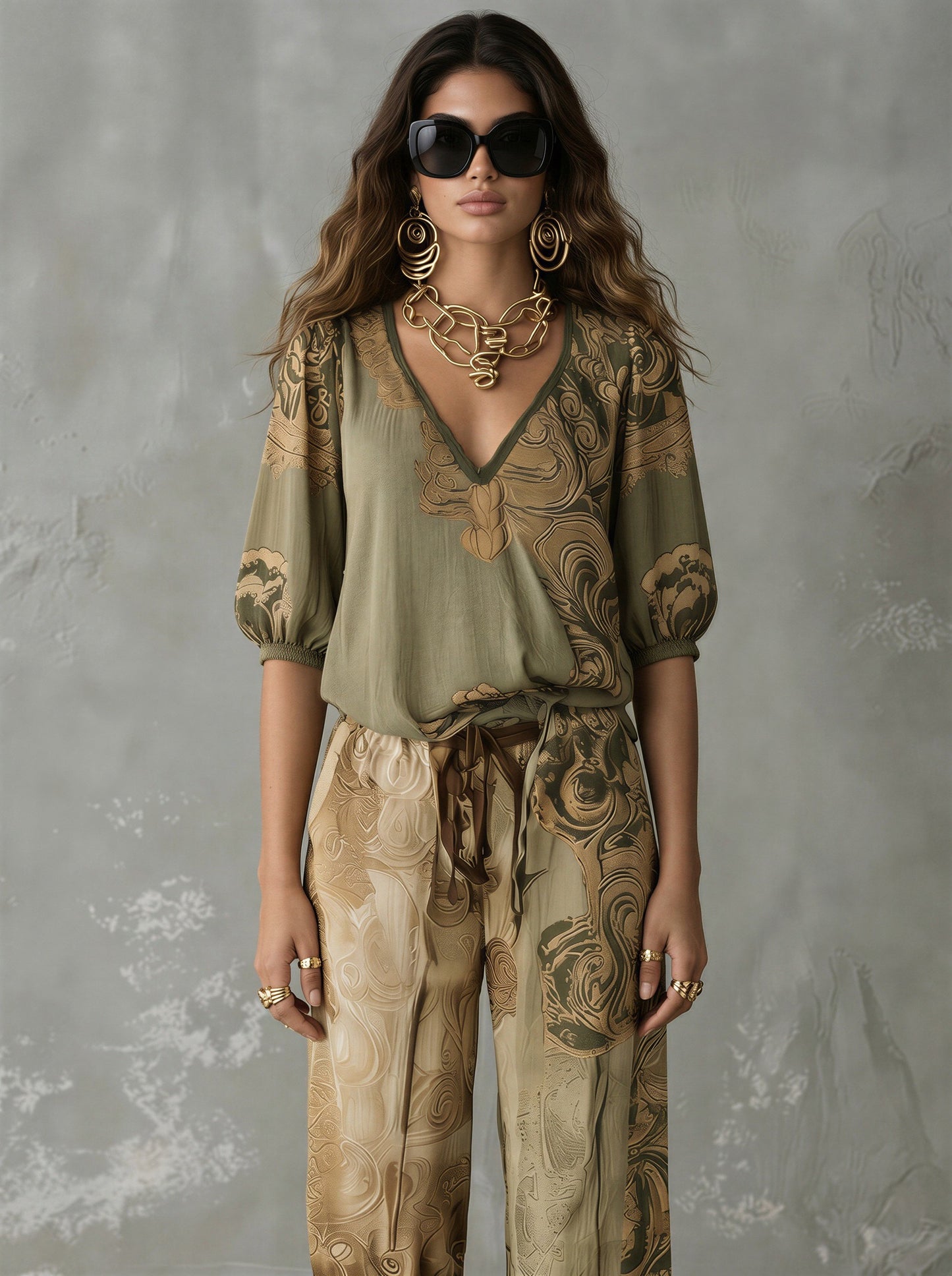 Chic Floral Green Shirt & Elasticated Waist Trousers