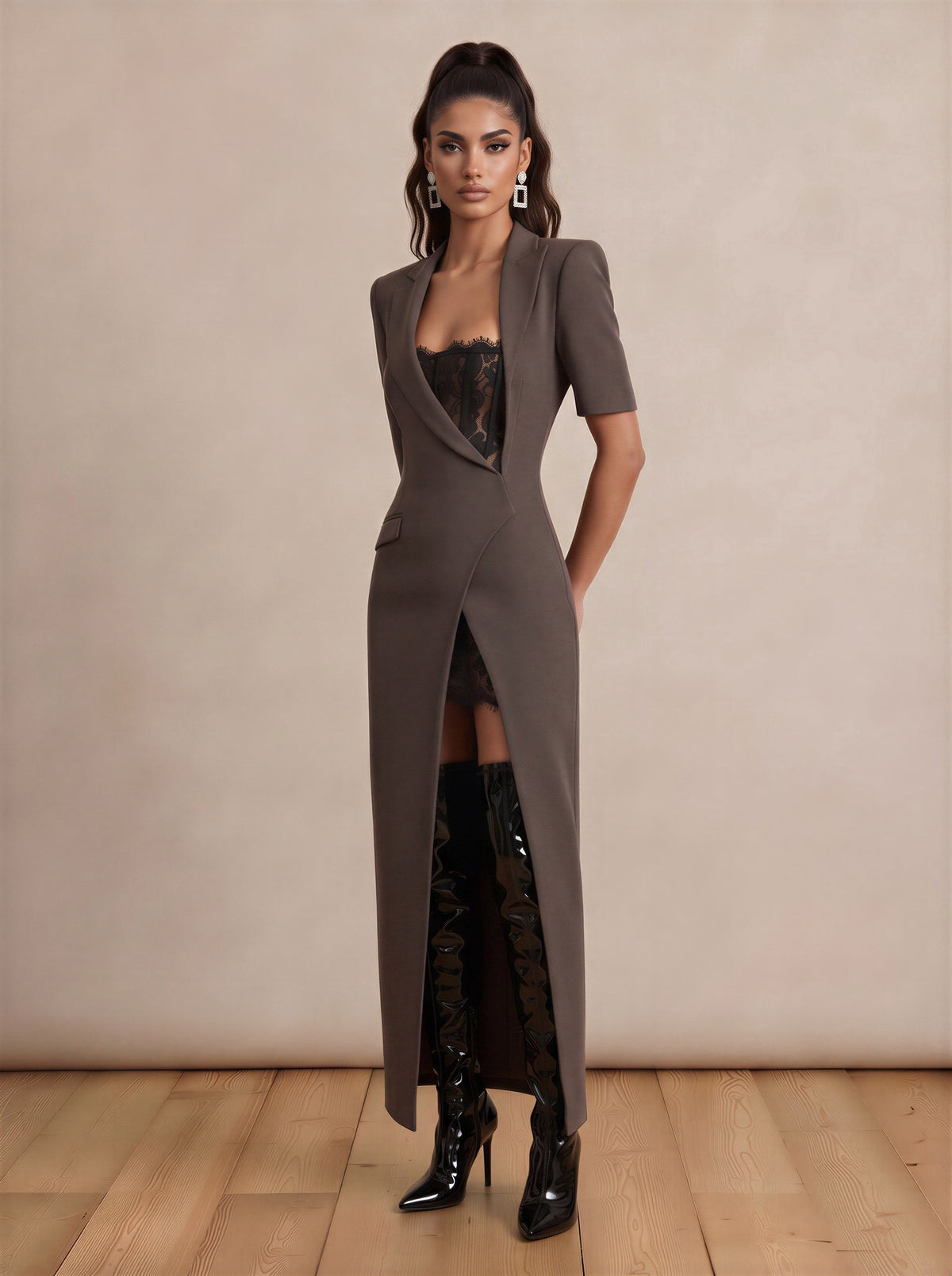 Tailored Temptation Maxi Dress with Lace Inserts and Slit