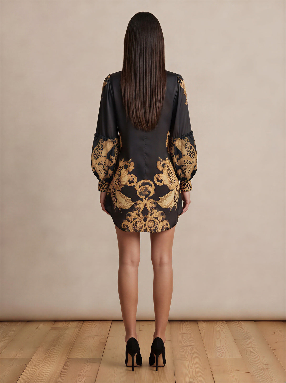 Black & Gold V Neck Mini Dress