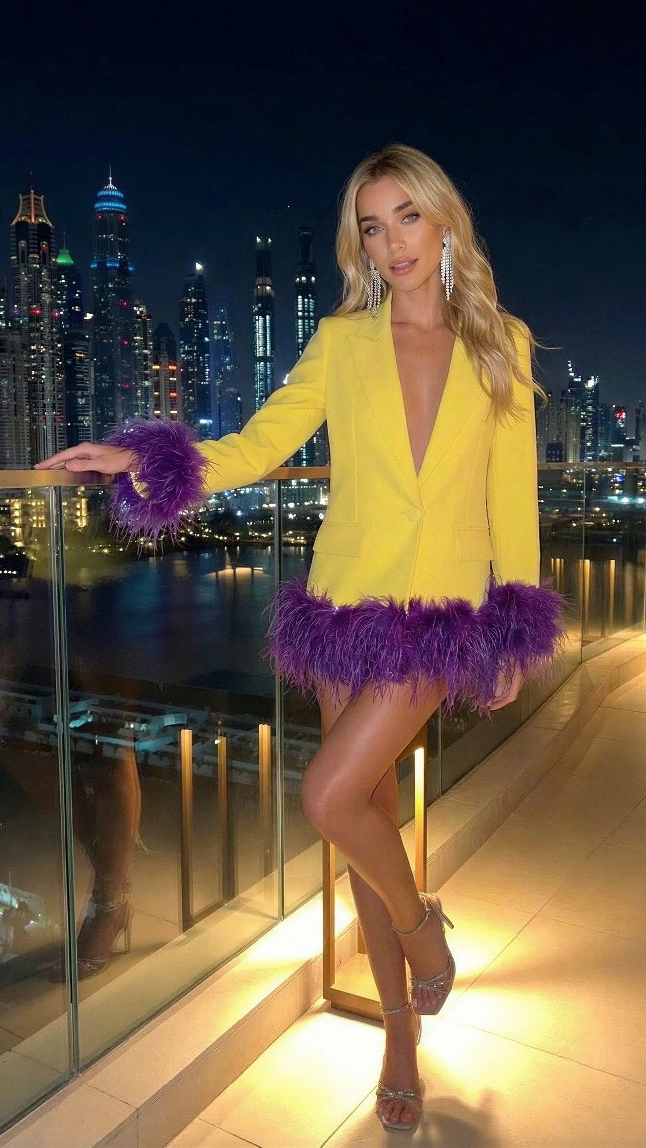 All Vibrant Yellow Blazer with Purple Feather Trim