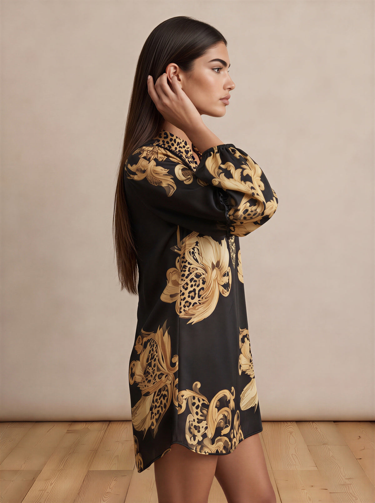 Black & Gold V Neck Mini Dress