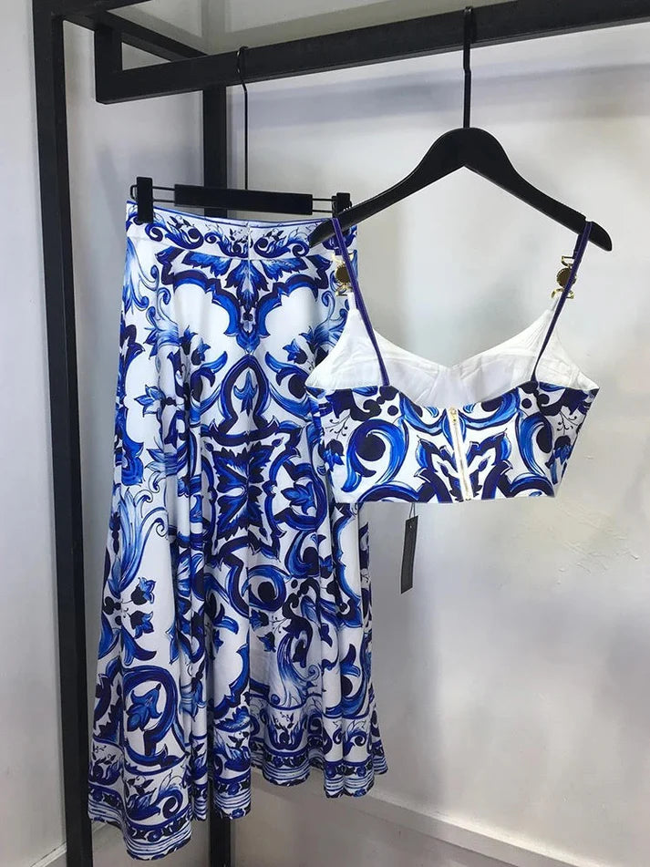 Tile Print Bralette & Skirt - comes in Blue & Red