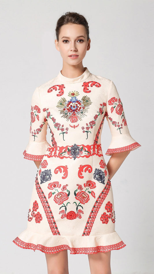 Red & Cream Vintage Peplum Dress