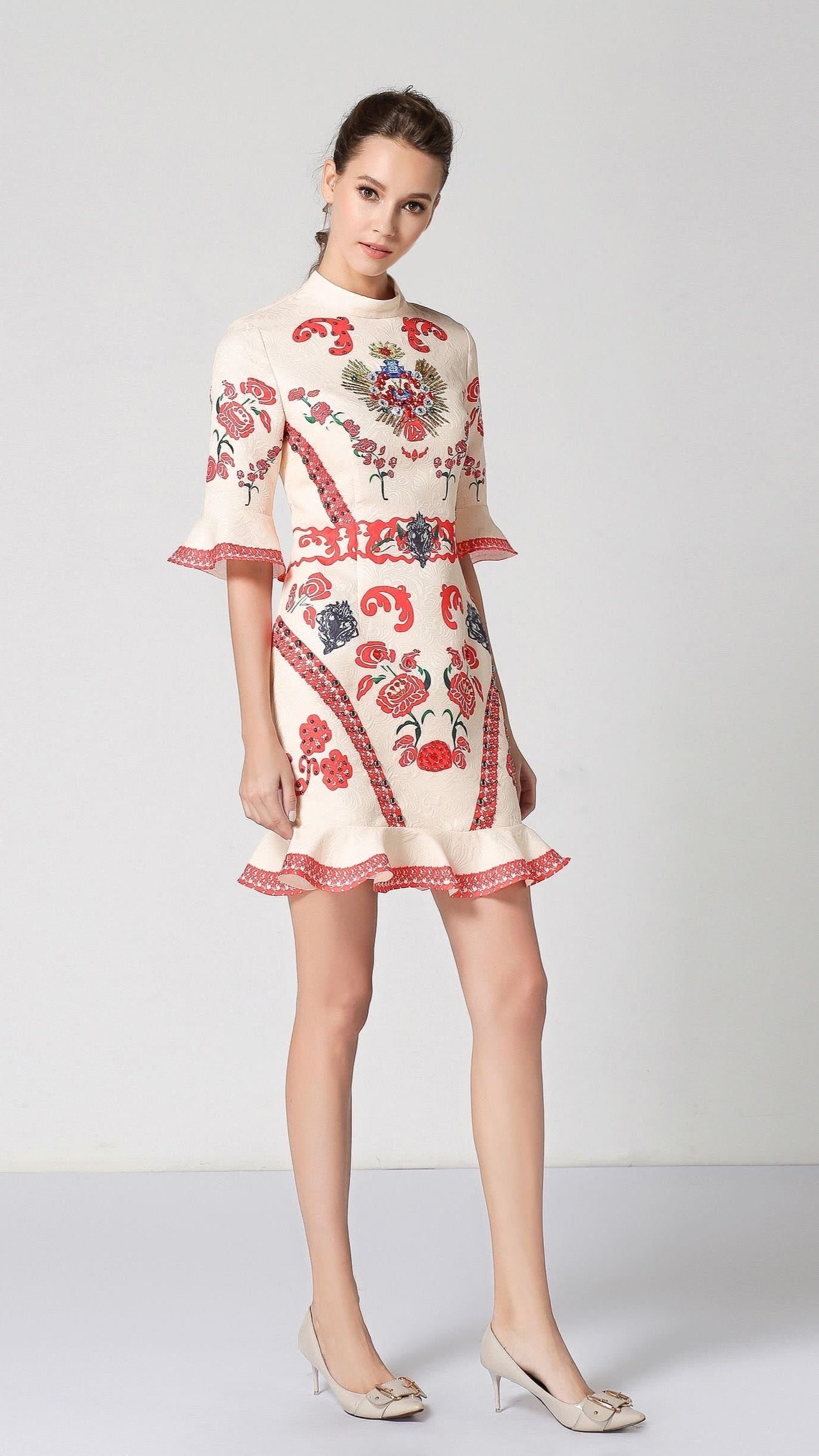 Red & Cream Vintage Peplum Dress