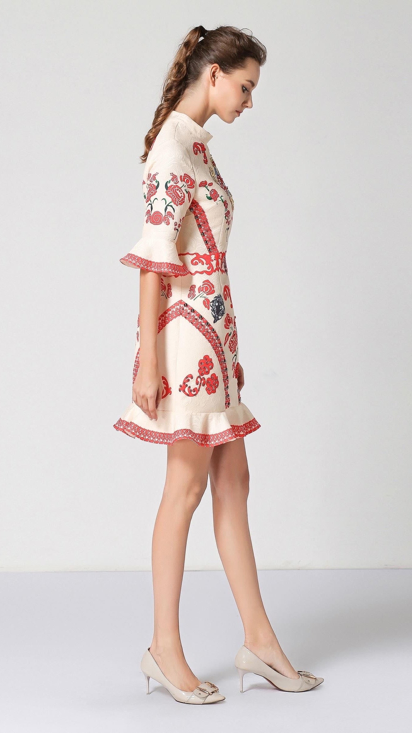 Red & Cream Vintage Peplum Dress