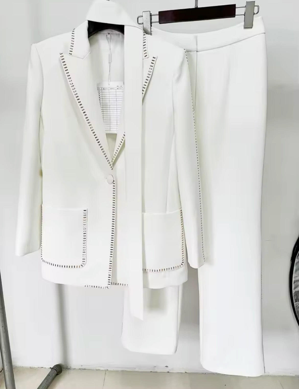 Staple White Blazer & High Waisted Wide Trouser Suit with Neck Tie